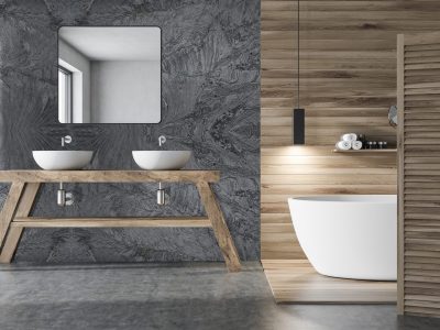 White and wooden wall bathroom with a tub and a make up shelf. A double sink near a gray wall. Concept of a modern house design. 3d rendering